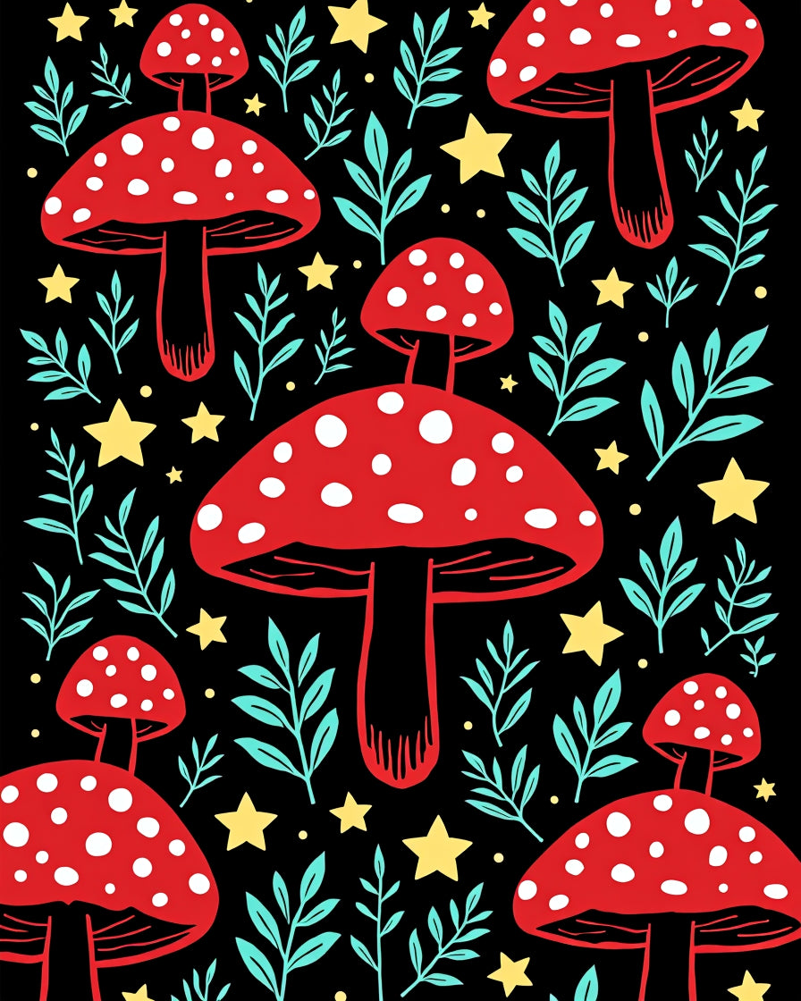 Whimsical Red Mushroom Starry Night Rug