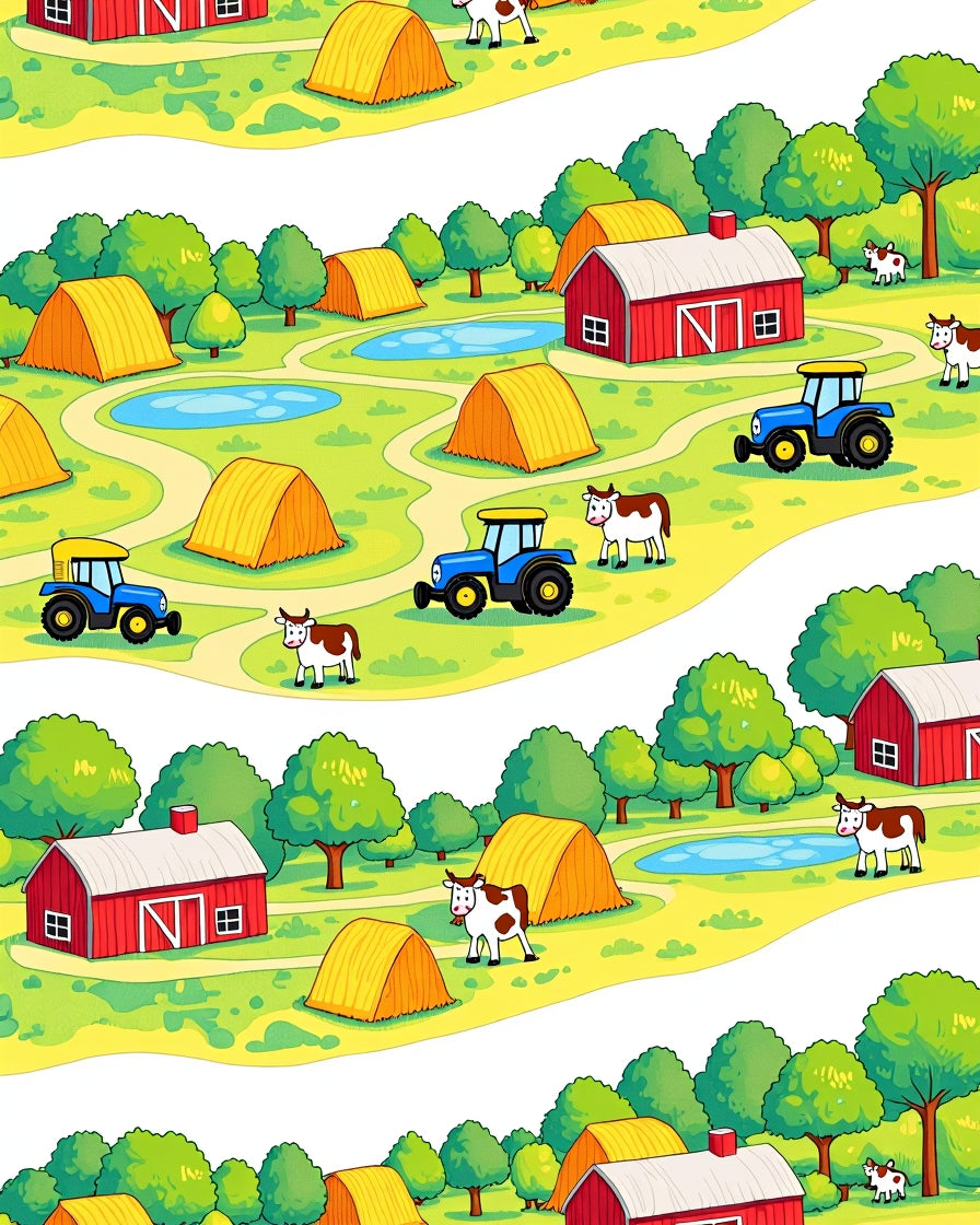 Farm Scene Blue Tractor Haystacks Barns Rug