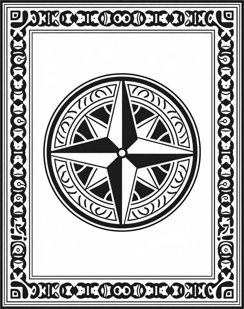 Monochromatic Black Compass Rose Border Rug