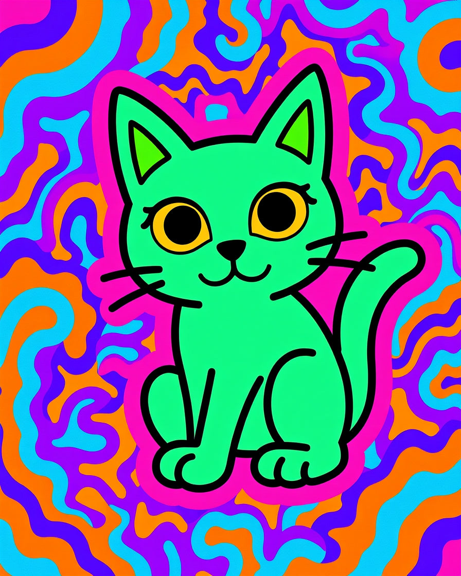 Trippy Green Cat Psychedelic Swirls Rug