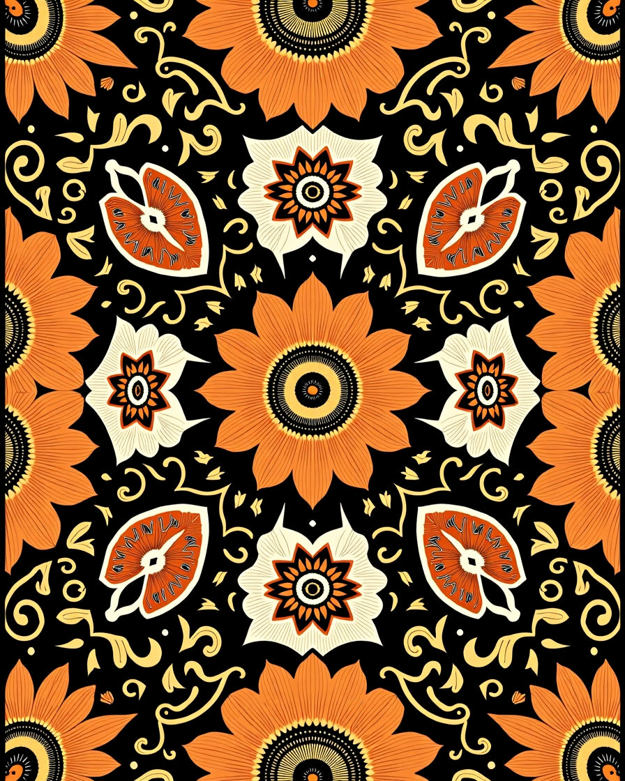 Bold Orange Floral Swirl Black Rug