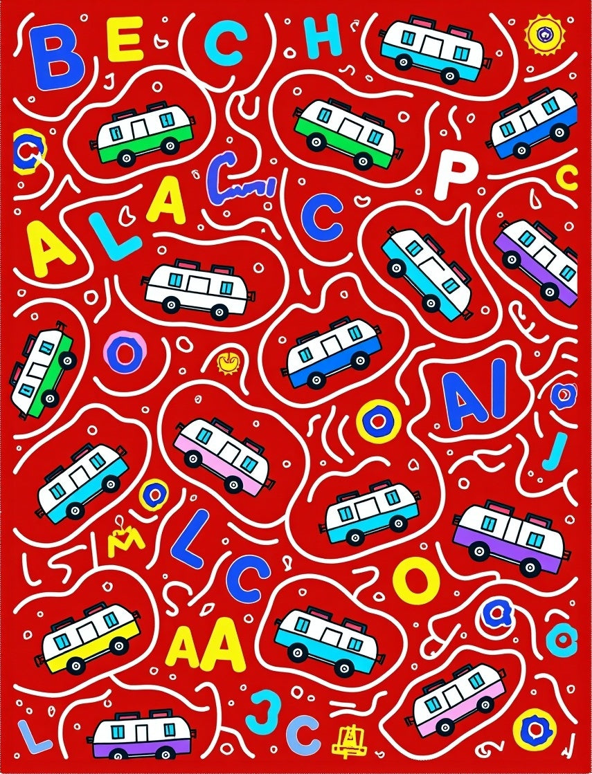 Colorful Camper Van Alphabet Adventure Rug