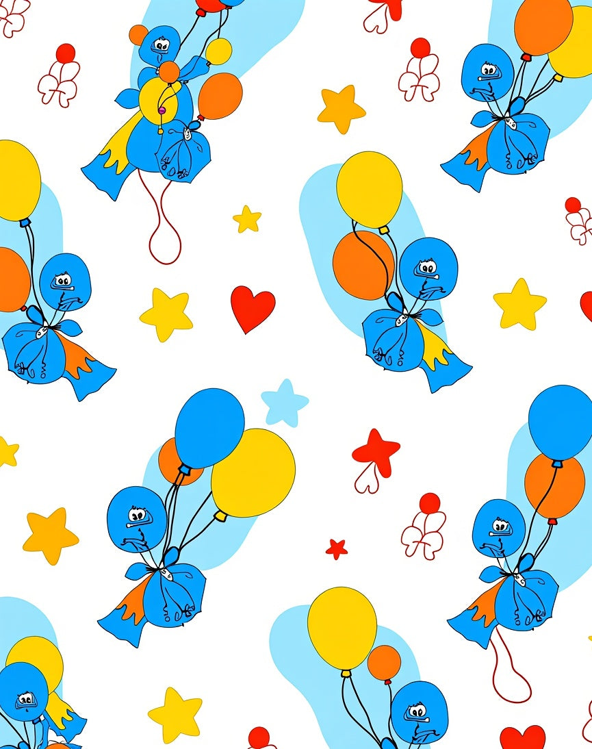 Whimsical Blue Character Balloon Stars Rug