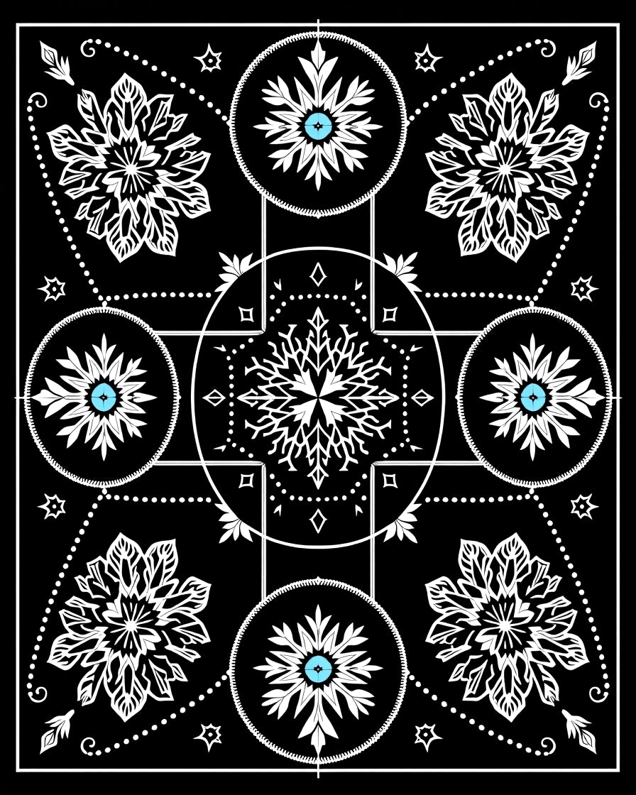 Black White Cyan Snowflake Medallion Rug