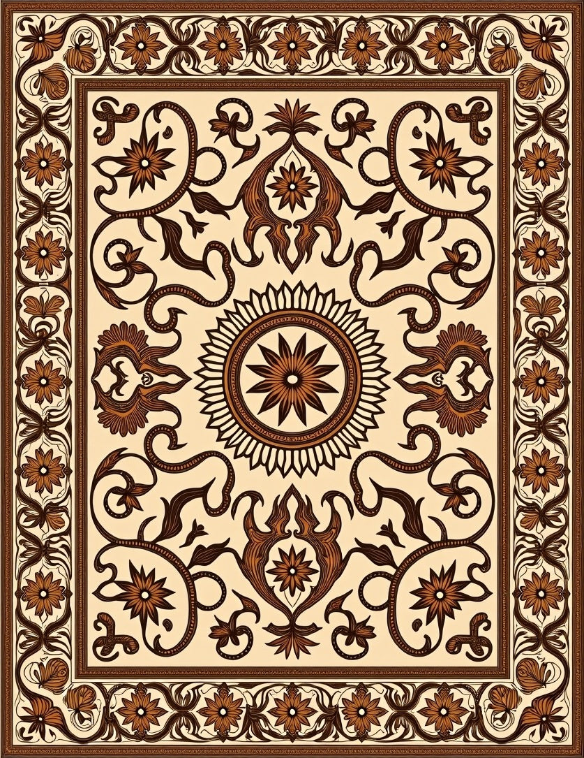 Ornate Brown Floral Medallion Rug