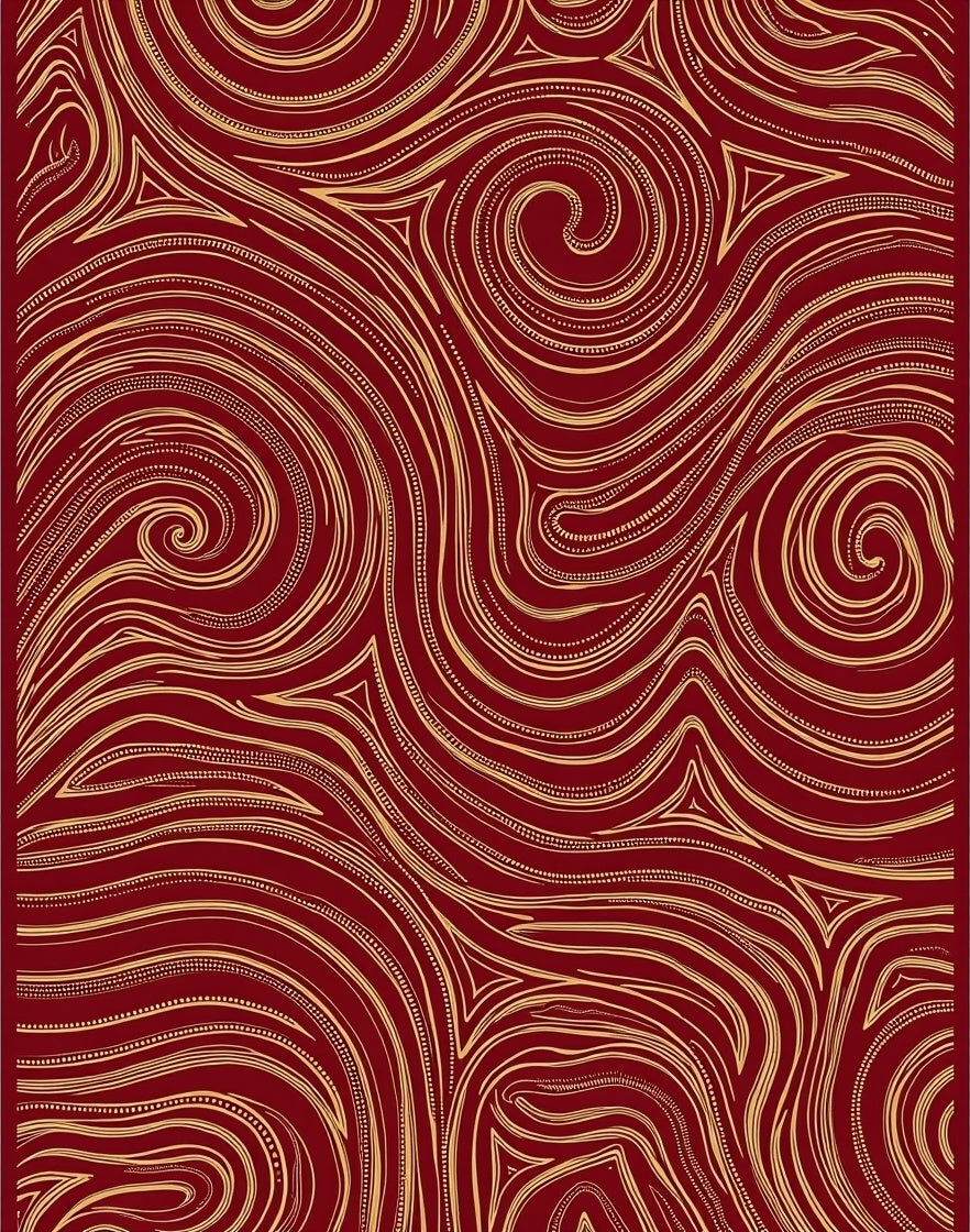 Crimson Gold Swirl Line Art Rug