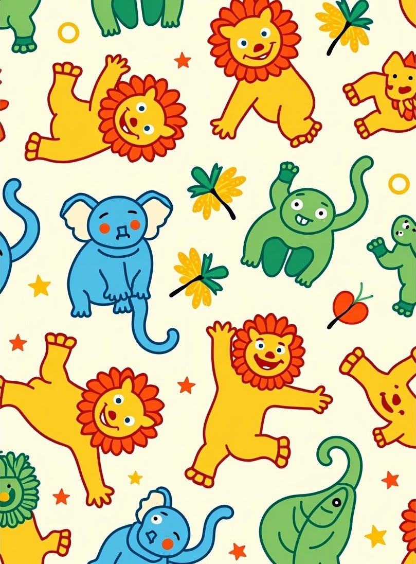 Playful Jungle Animals Yellow Blue Green Rug