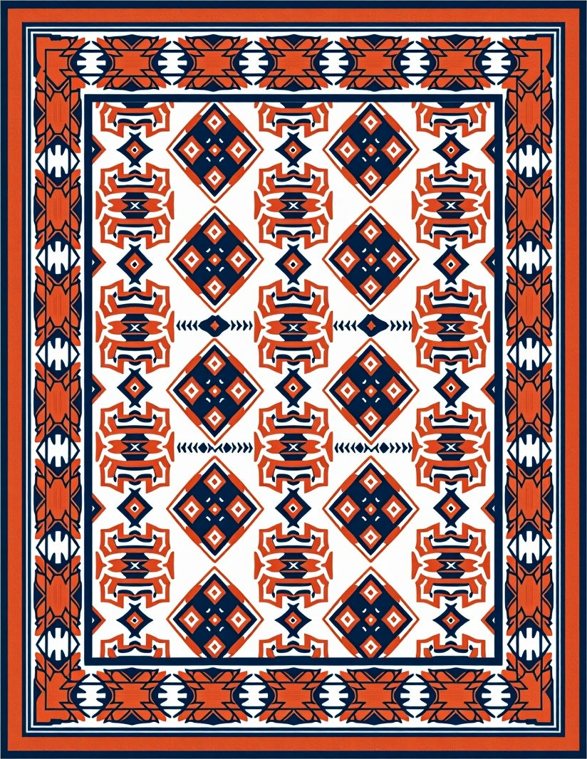 Orange Navy Diamond Geometric Border Rug