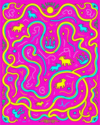 Playful Pink Yellow Blue Animal Maze Rug