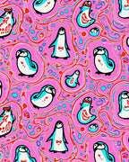Whimsical Pink Penguin Playful Swirls Rug