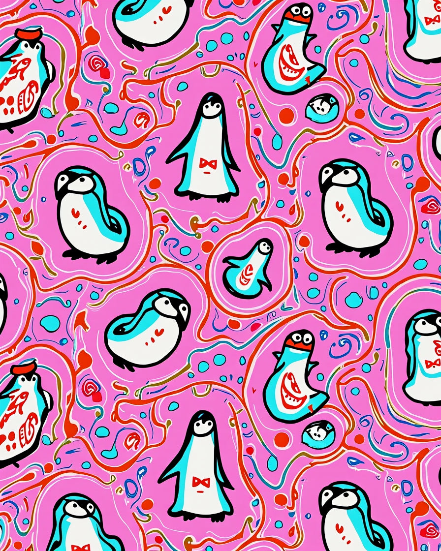 Whimsical Pink Penguin Playful Swirls Rug