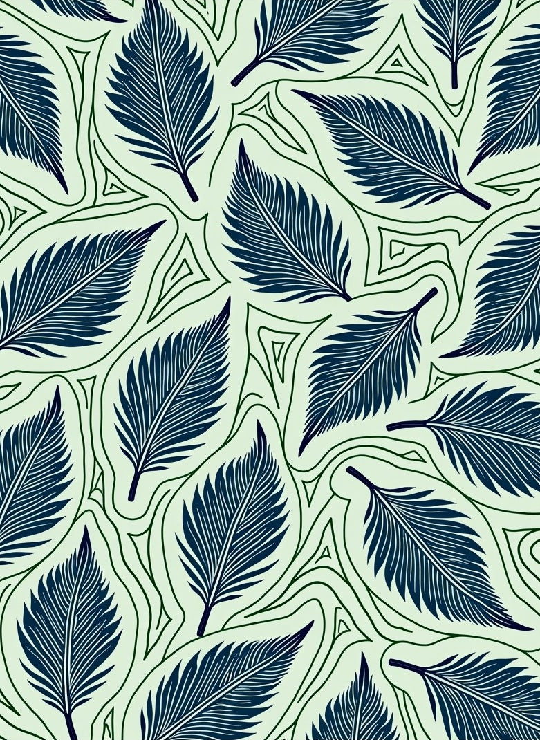 Navy Blue Feather Leaf Pattern Rug