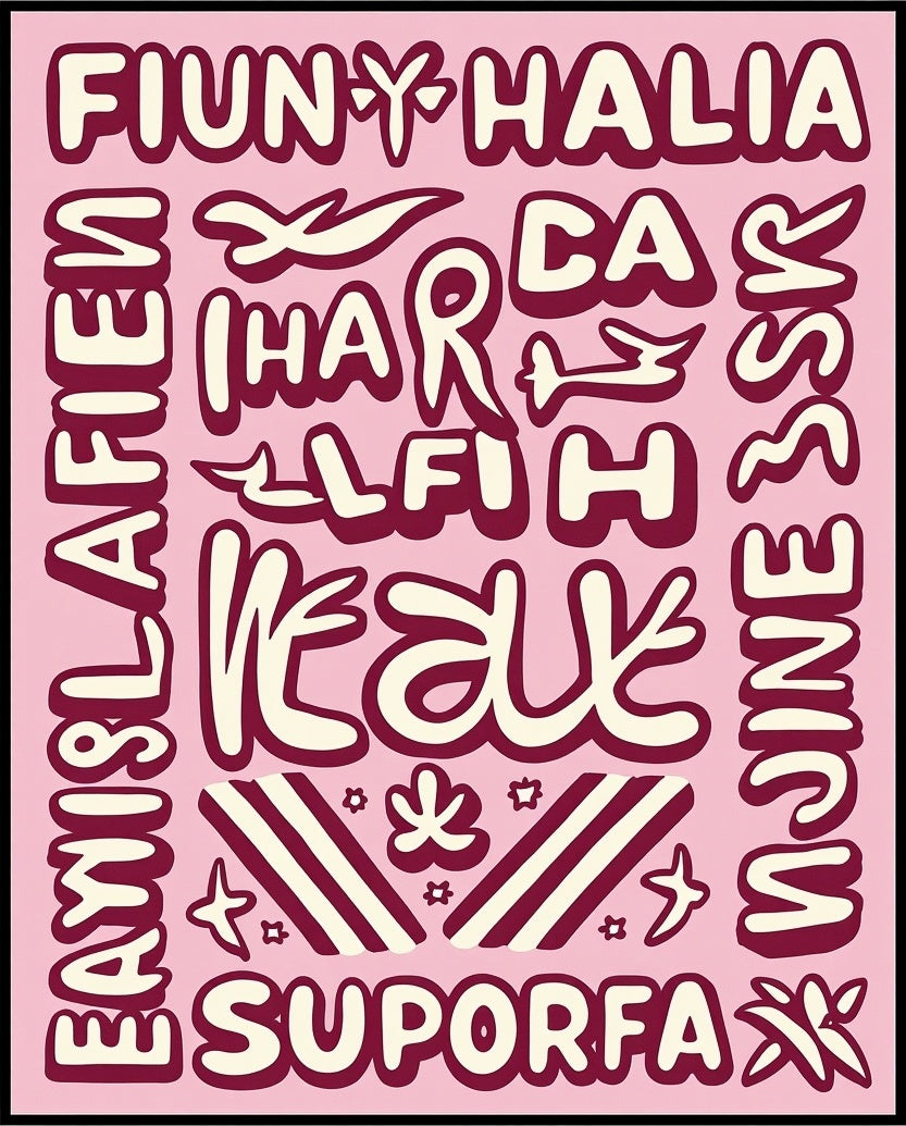 Pink Cream Retro Typographic Collage Rug