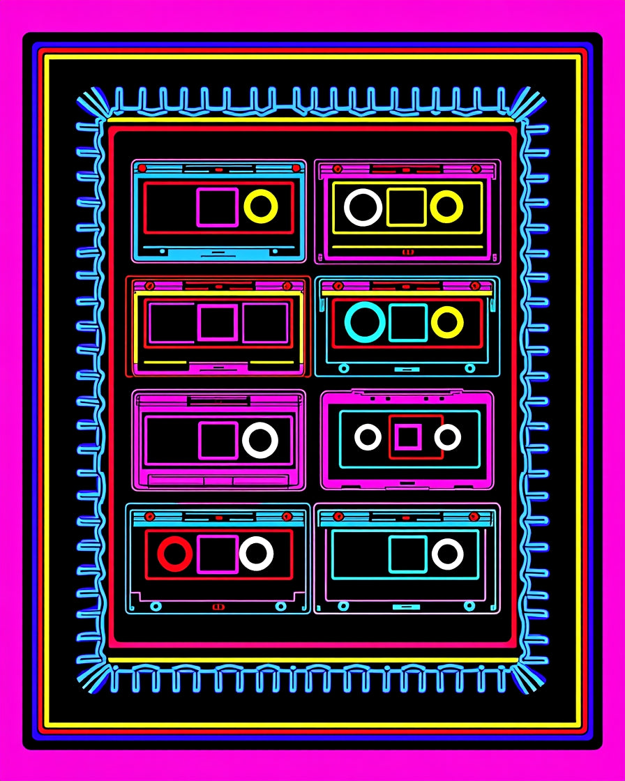 Retro Cassette Tape Collage Rug
