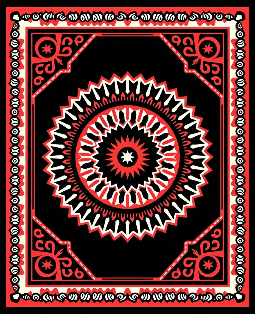 Bold Red Black Starburst Mandala Rug