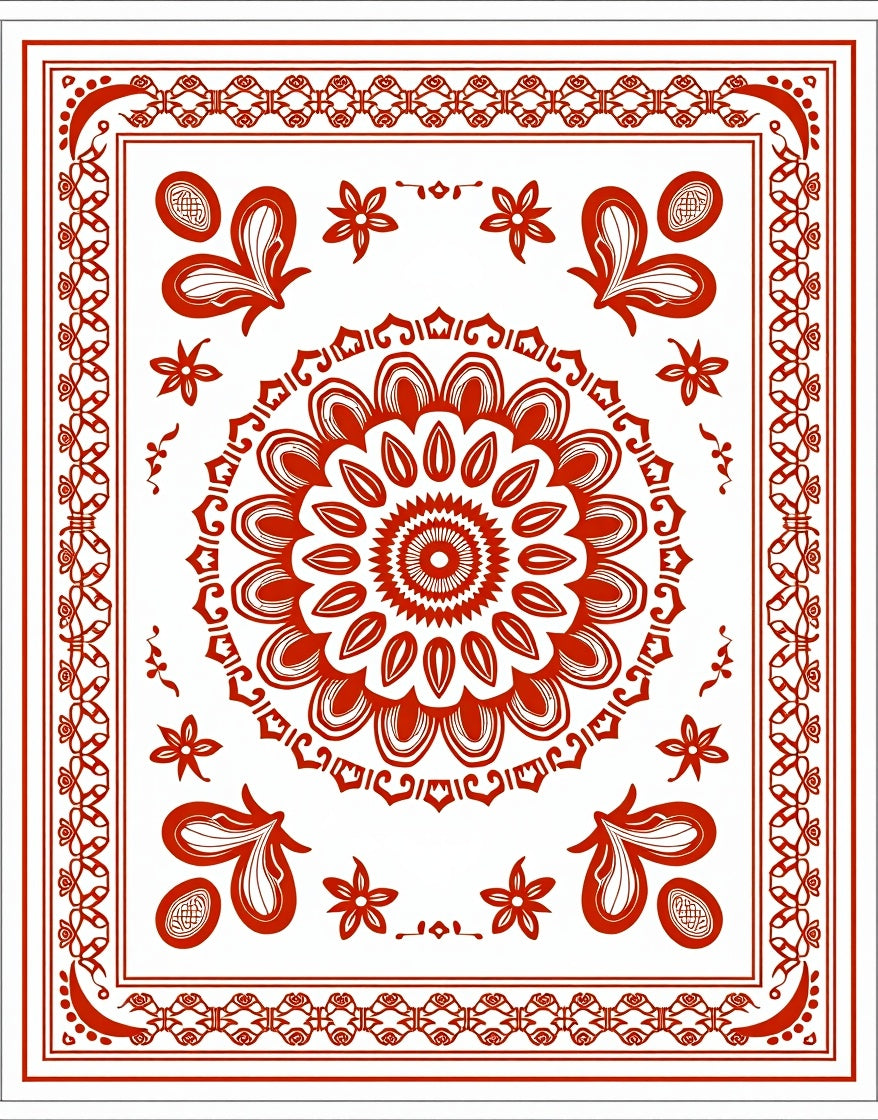 Crimson Floral Mandala Border Rug