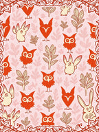 Whimsical Red Owl Bunny Botanical Pink Rug