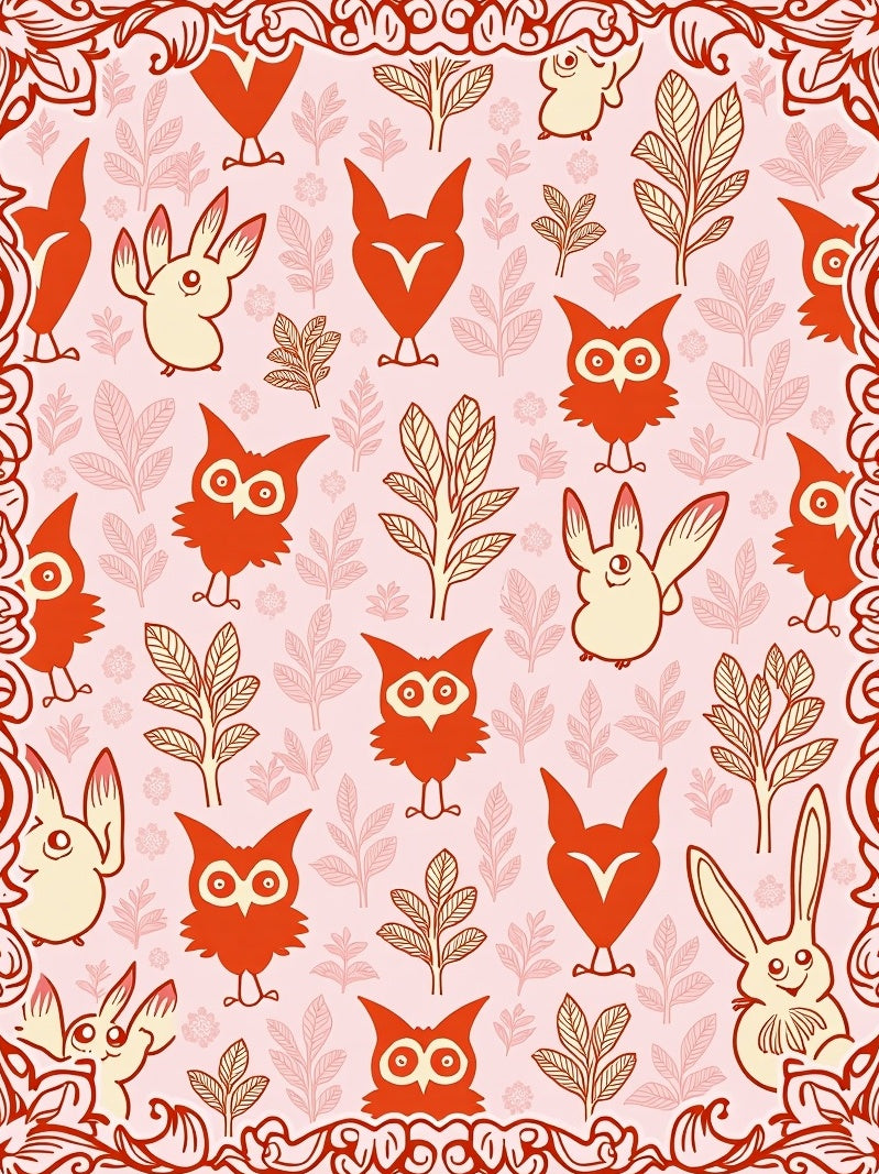 Whimsical Red Owl Bunny Botanical Pink Rug