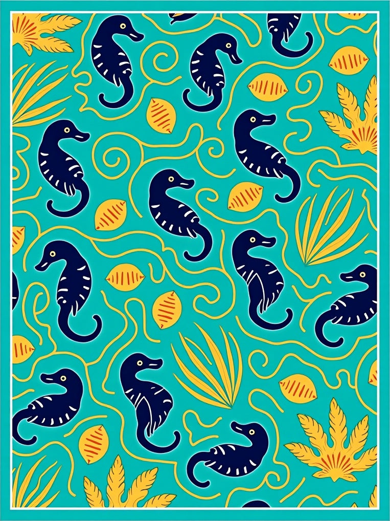 Navy Seahorse Aqua Floral Whimsical Rug