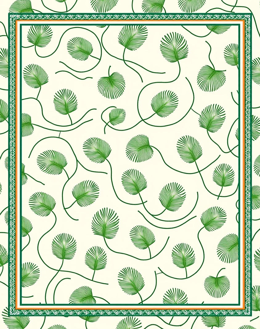 Cream Green Leafy Vine Border Rug