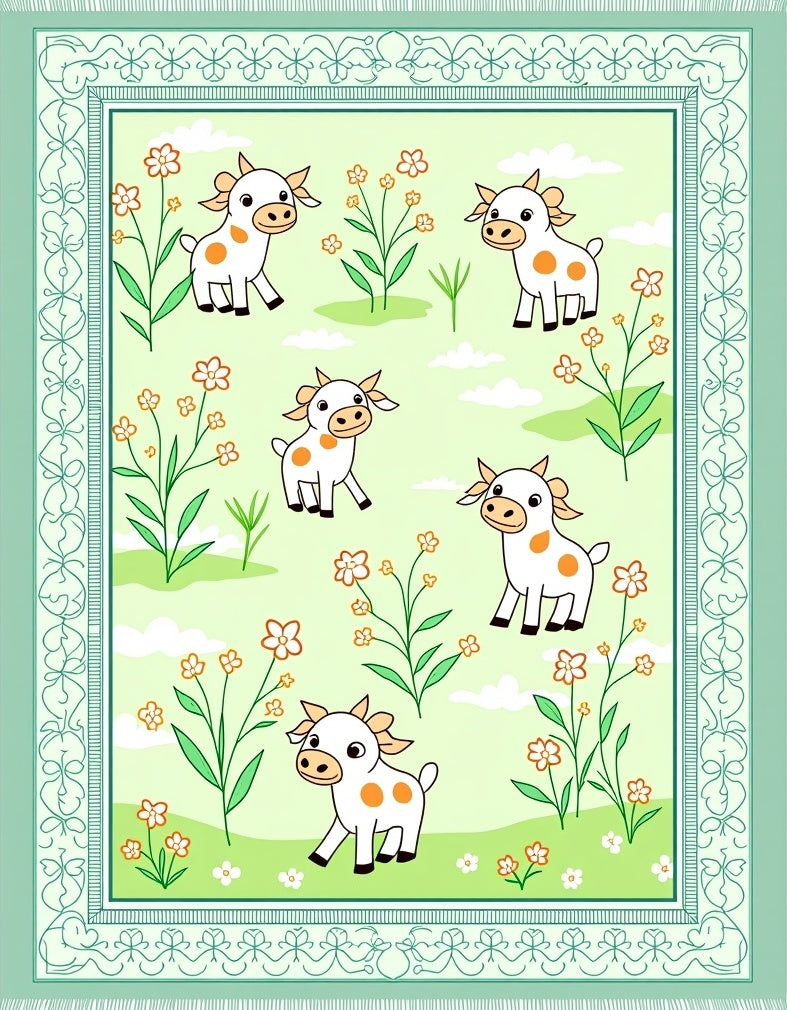 Playful white cows and flowers meadow Rug
