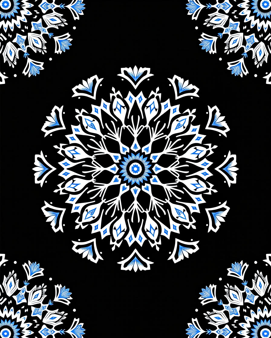 Black White Blue Floral Mandala Rug