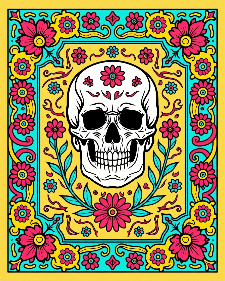 Vibrant Skull Floral Frame Rug