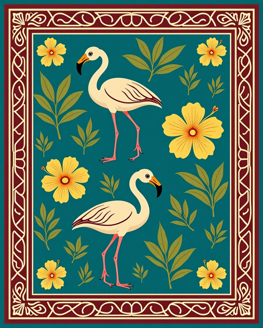 Cream Flamingos Yellow Hibiscus Teal Garden Rug
