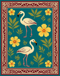Cream Flamingos Yellow Hibiscus Teal Garden Rug