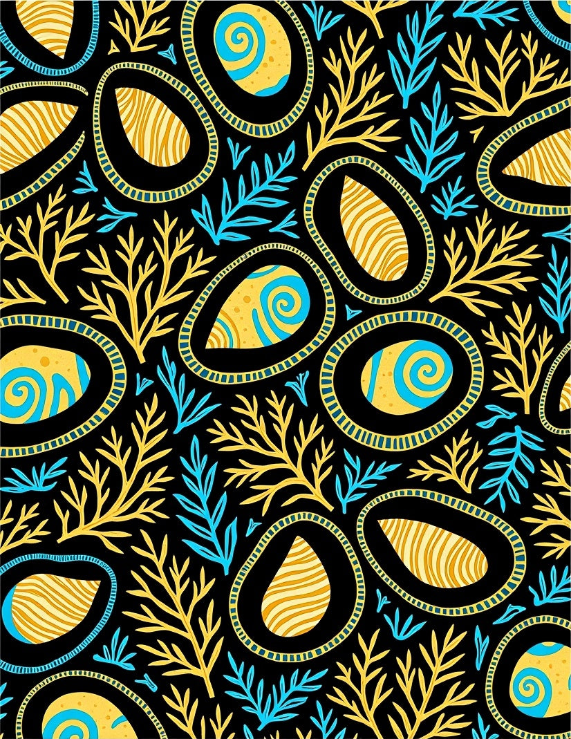 Black Yellow Blue Abstract Organic Oval Rug