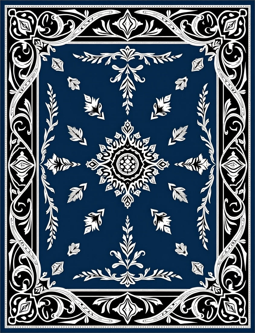 Midnight Blue Ornate Foliage Mandala Rug