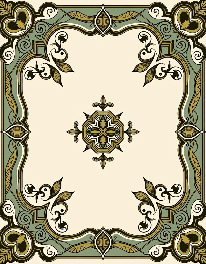 Elaborate Gold Green Floral Frame Rug