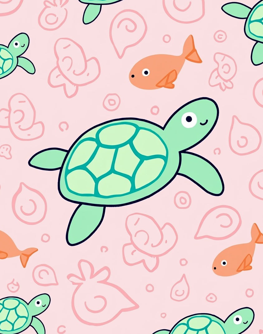 Kawaii Green Turtle Coral Fish Rug