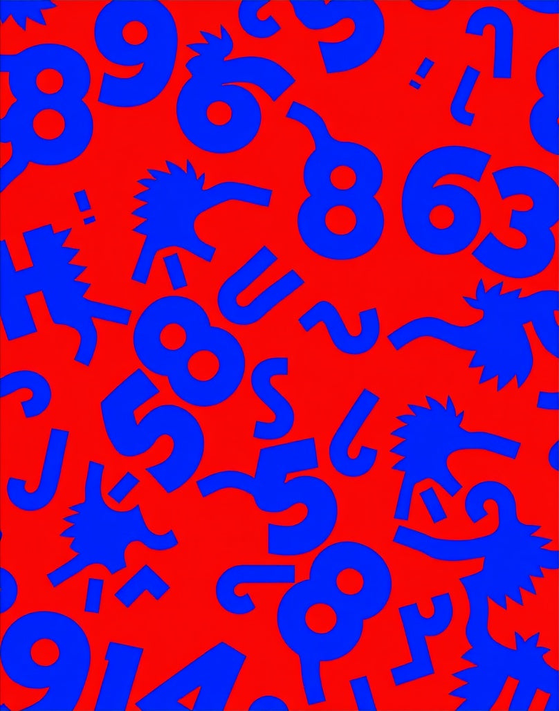 Bold Blue Numbers Chaotic Red Field Rug