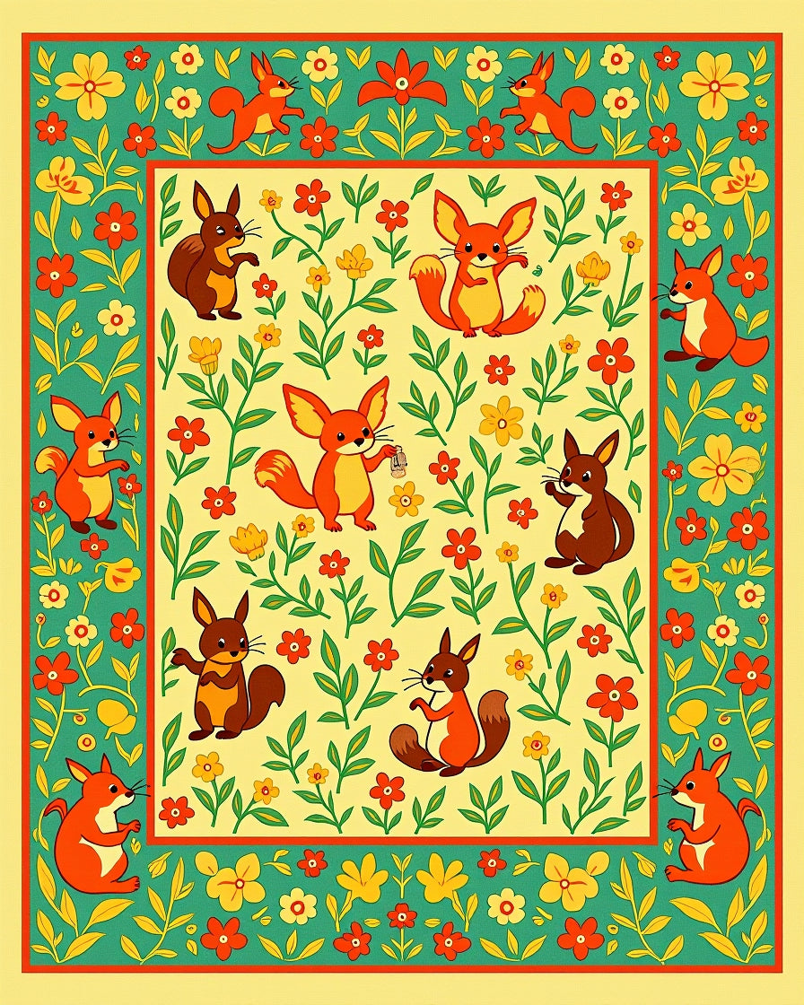 Whimsical Fox and Squirrel Floral Border Rug