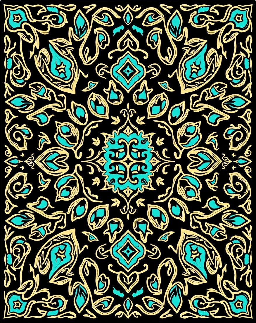 Bold Black Teal Floral Damask Rug