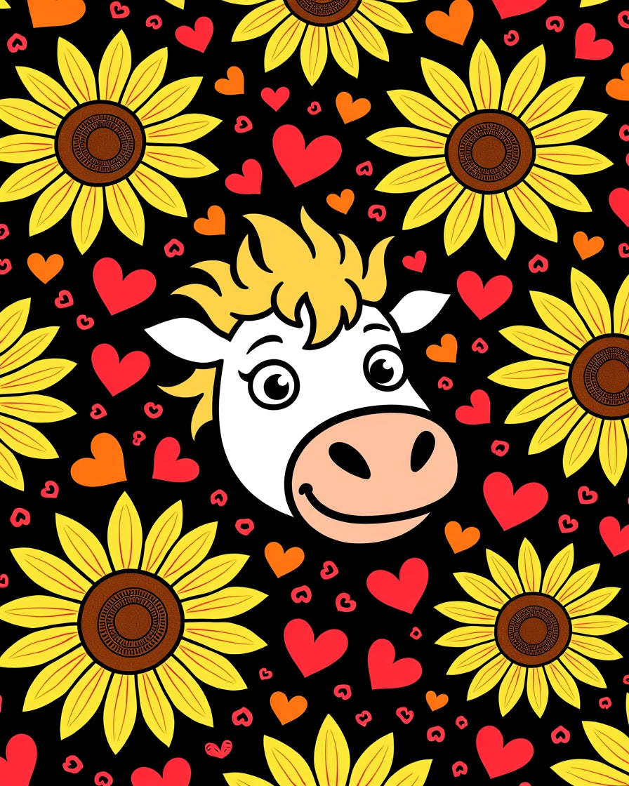 Charming Cow Sunflowers Hearts Black Rug