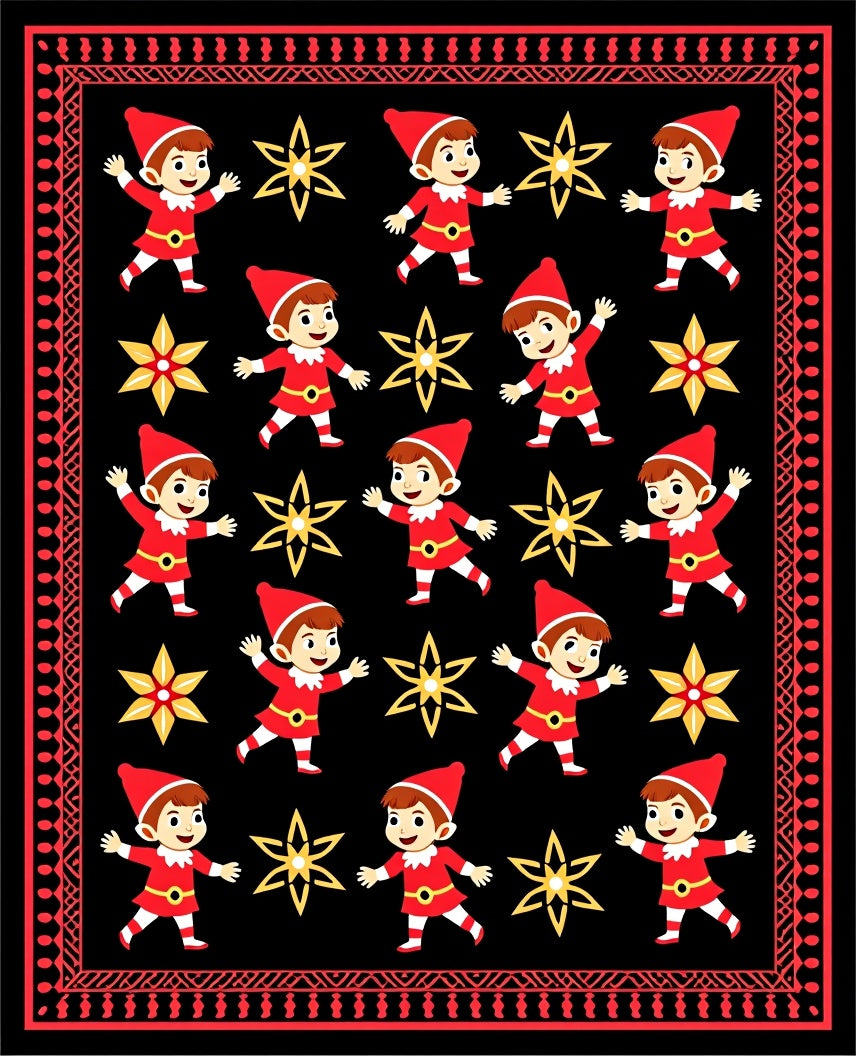 Crimson Elf Star Black Decorative Border Rug