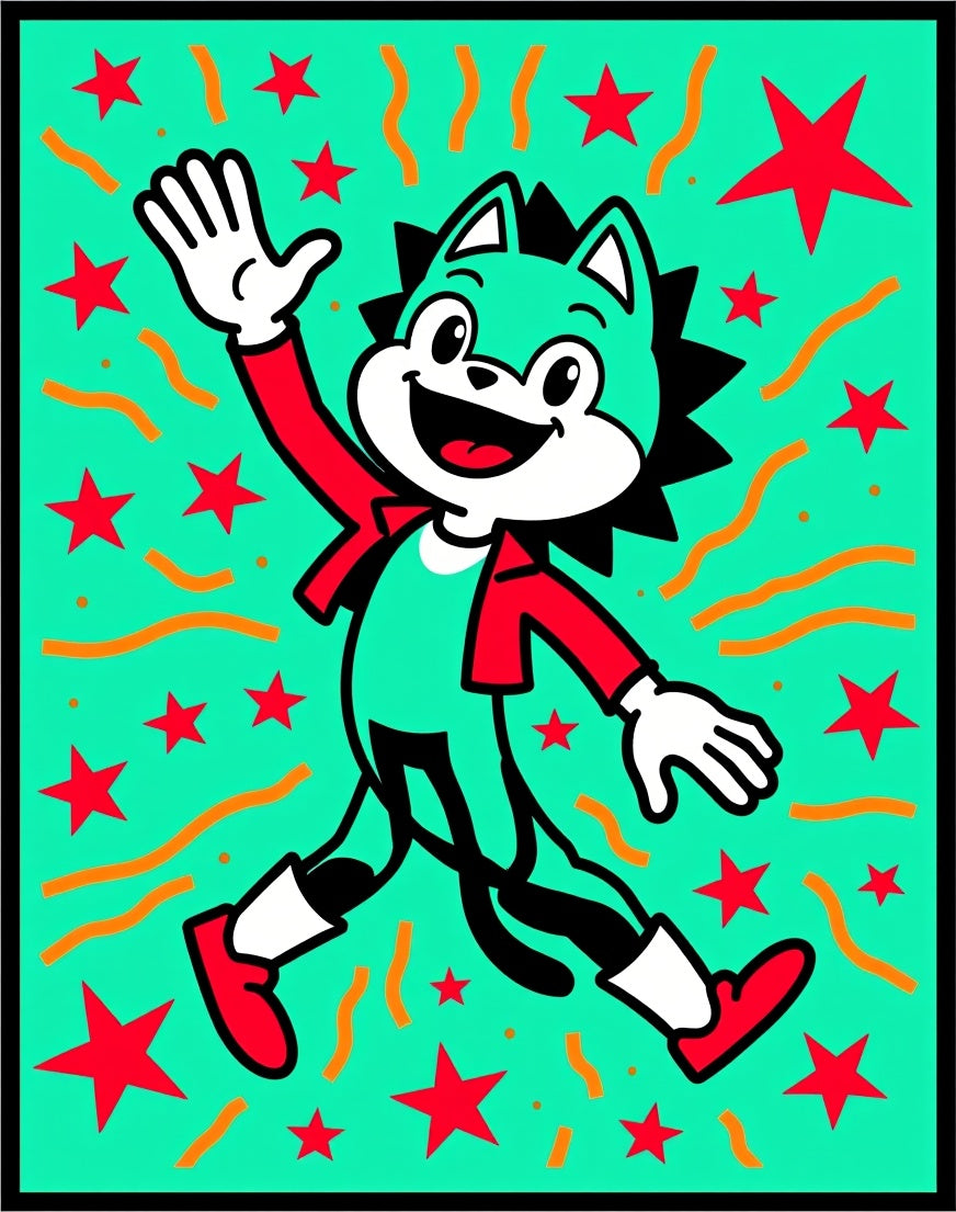 Retro Teal Starburst Cartoon Cat Rug