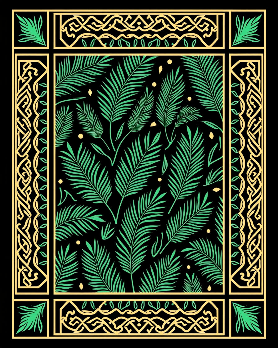 Green Palm Frond Black Garden Border Rug