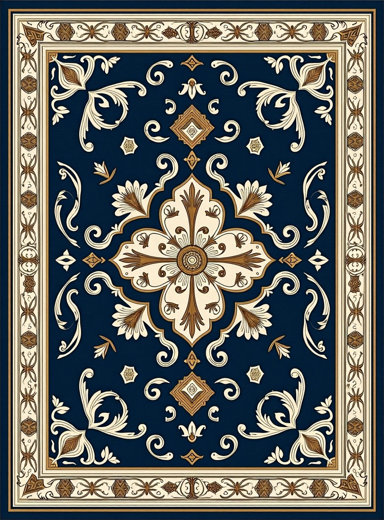 Deep Blue Ivory Floral Medallion Rug