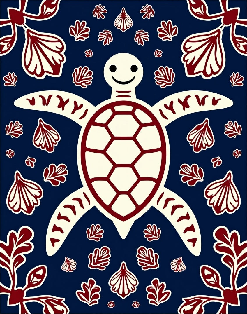Navy Red Turtle Shell Foliage Rug