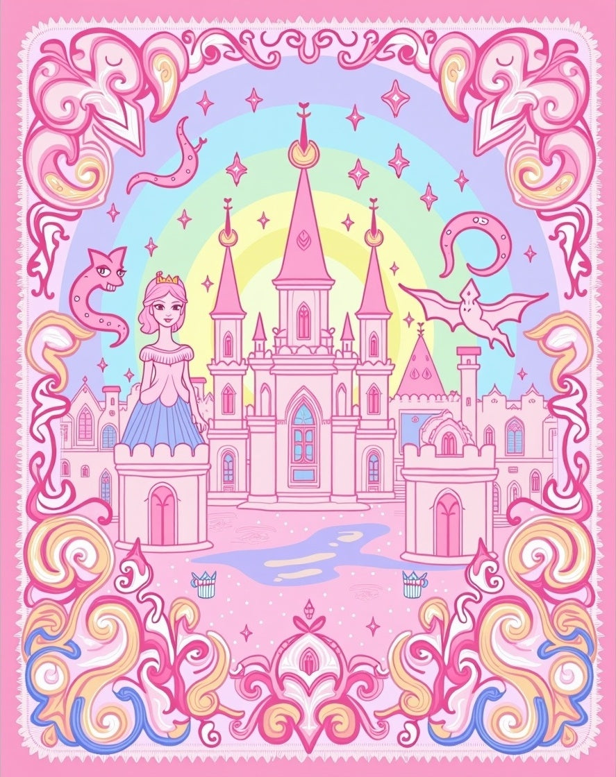 Pink Fairy Tale Castle Rainbow Scape Rug