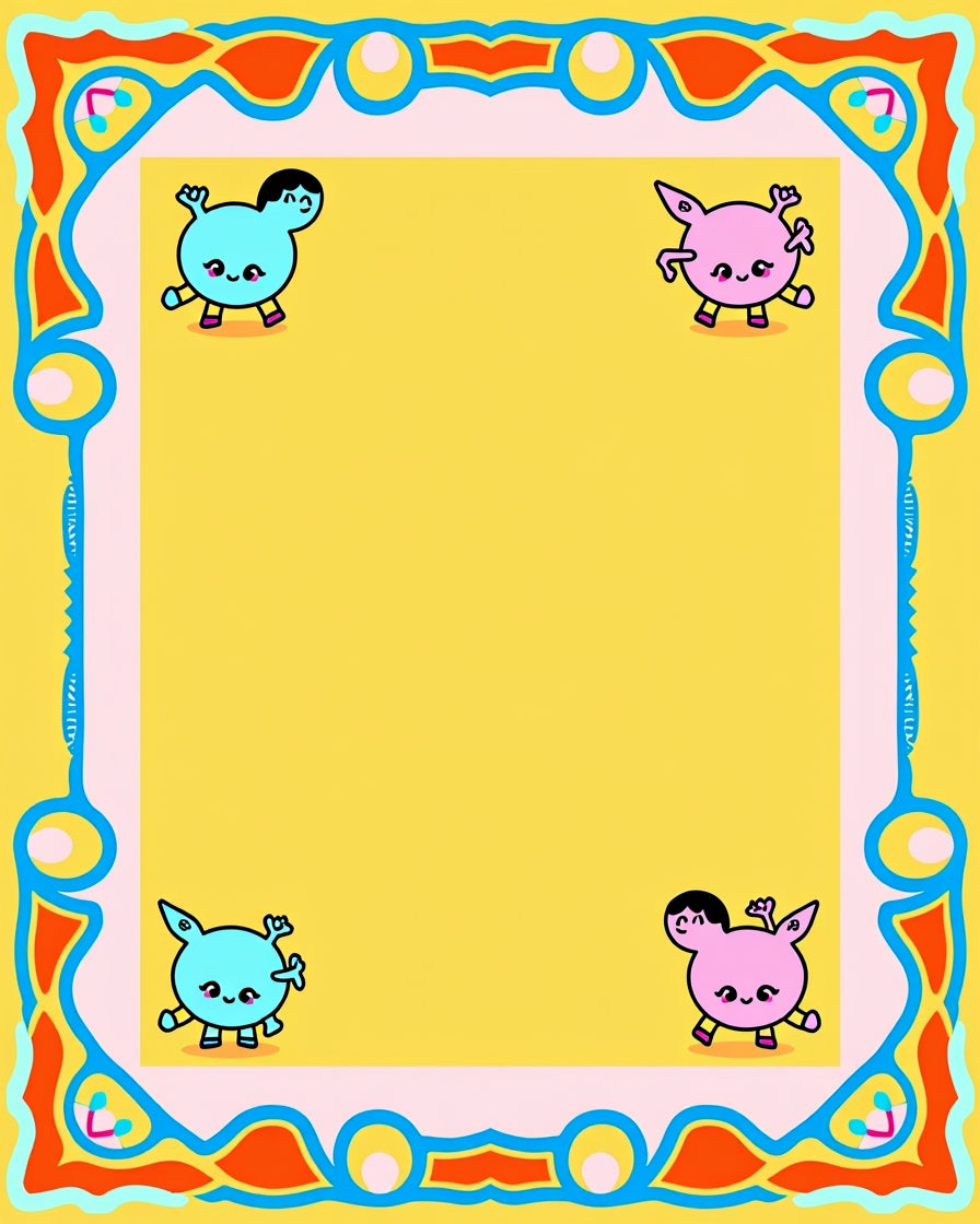 Cute Whimsical Creature Border Yellow Rug