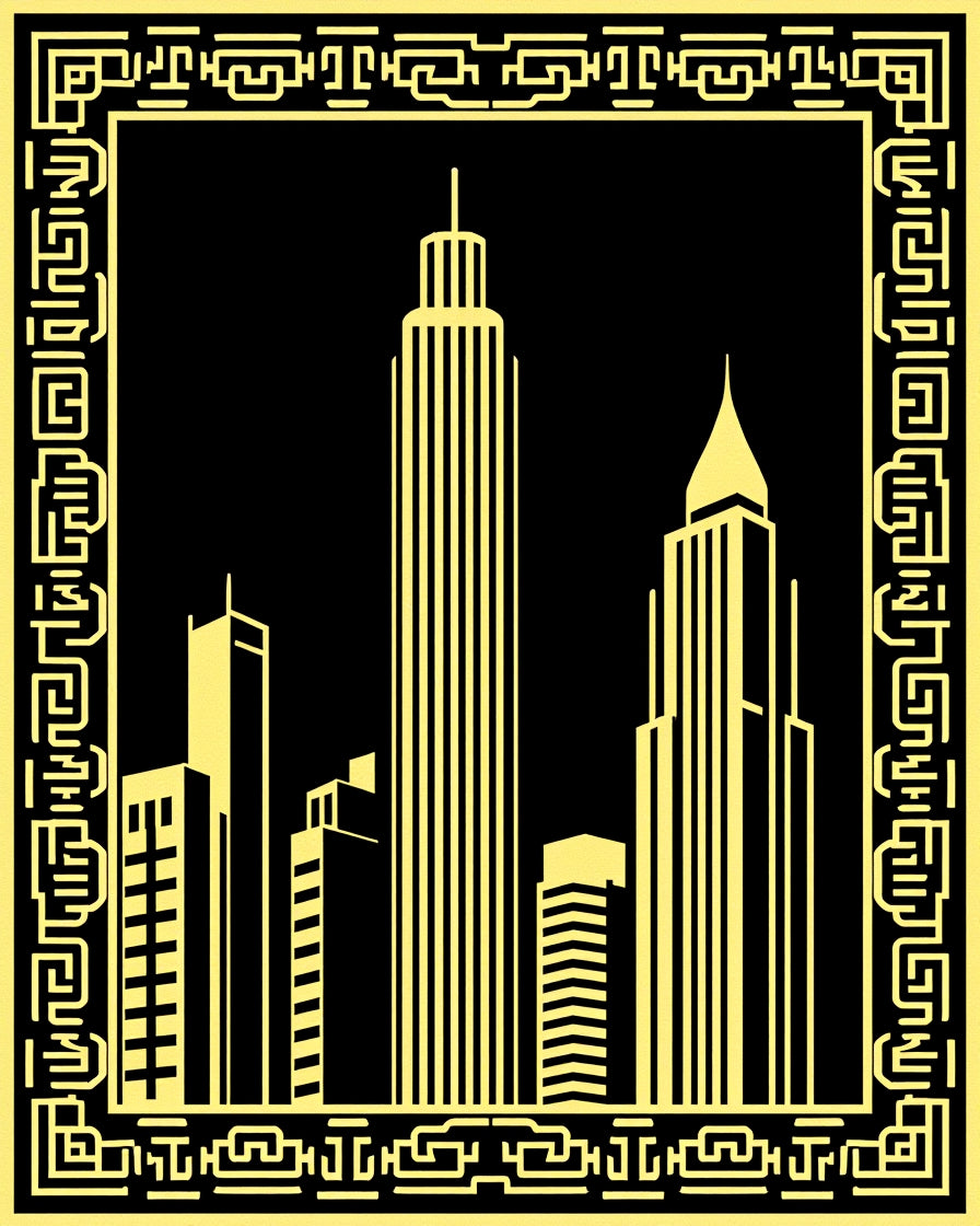 Golden Cityscape Urban Skyline Rug