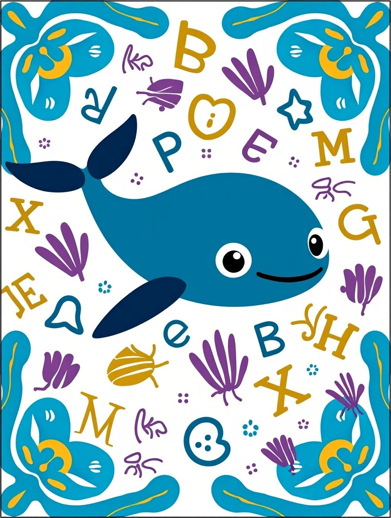 Whimsical Blue Whale Alphabet Ocean Rug