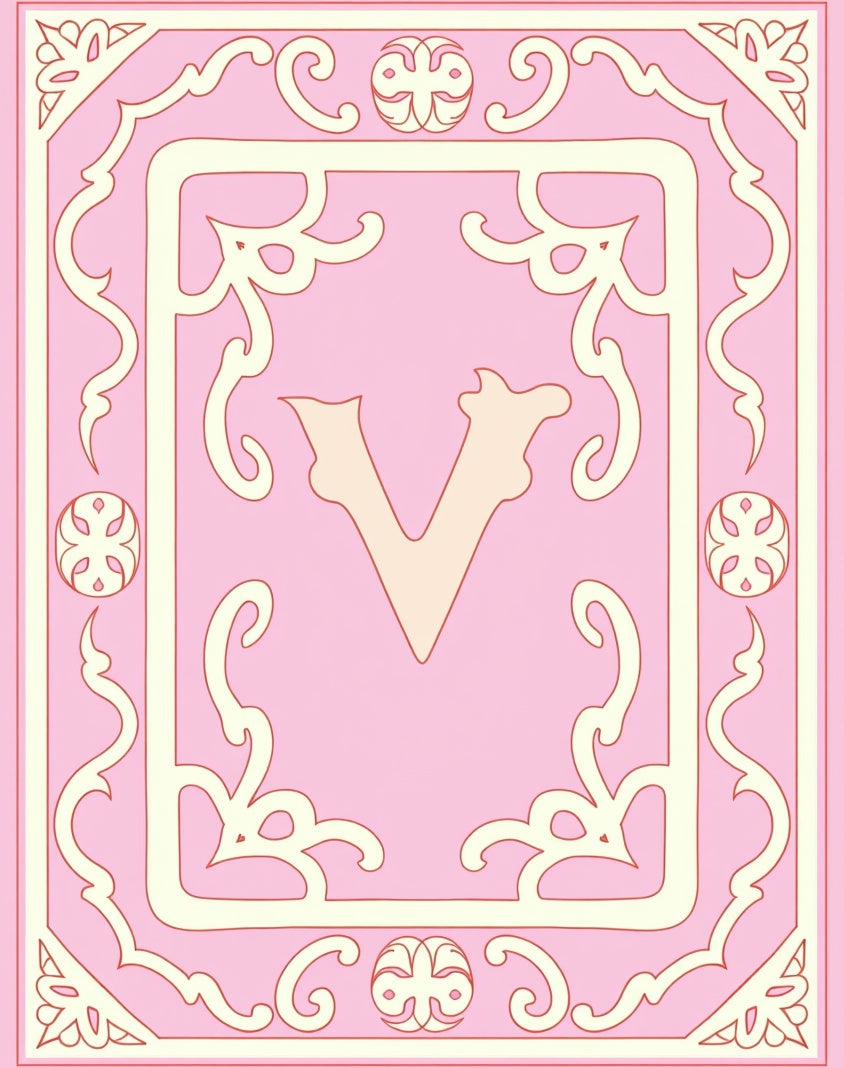 Pink Ivory Ornate Vintage Letter V Rug