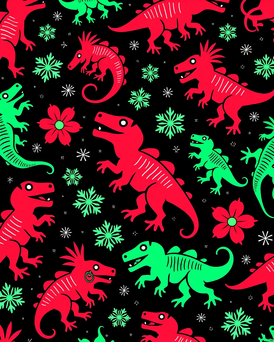 Red Green Dinosaurs Flowers Snowflakes Rug