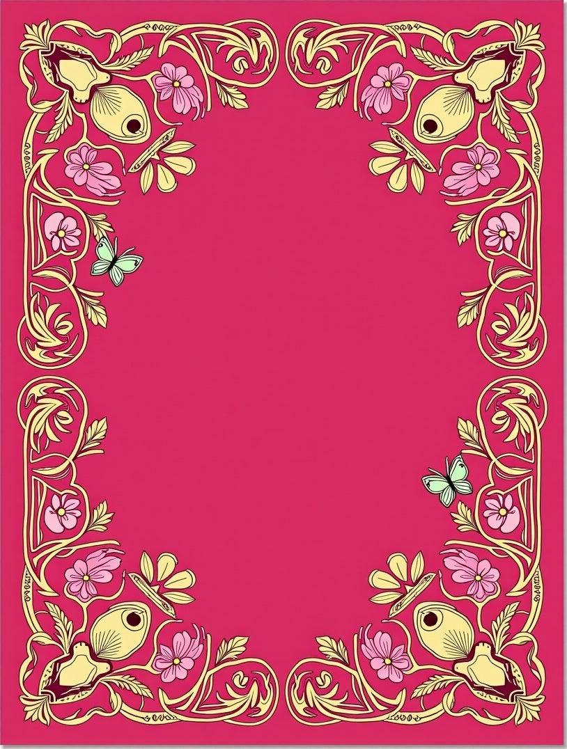 Art Nouveau Pink Floral Butterfly Border Rug
