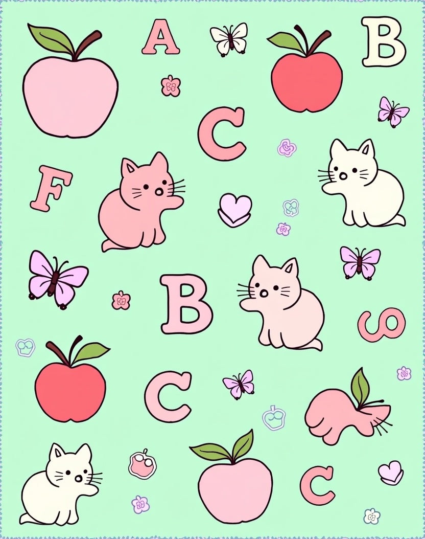 Cute Pink Cats Apples Butterflies Alphabet Rug